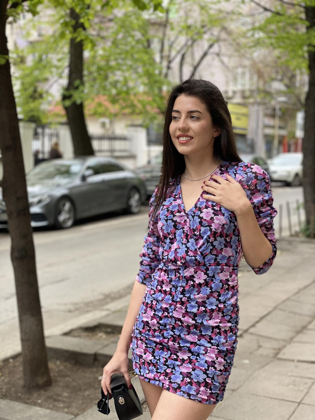 Къса рокля с дълъг ръкав Floral Night