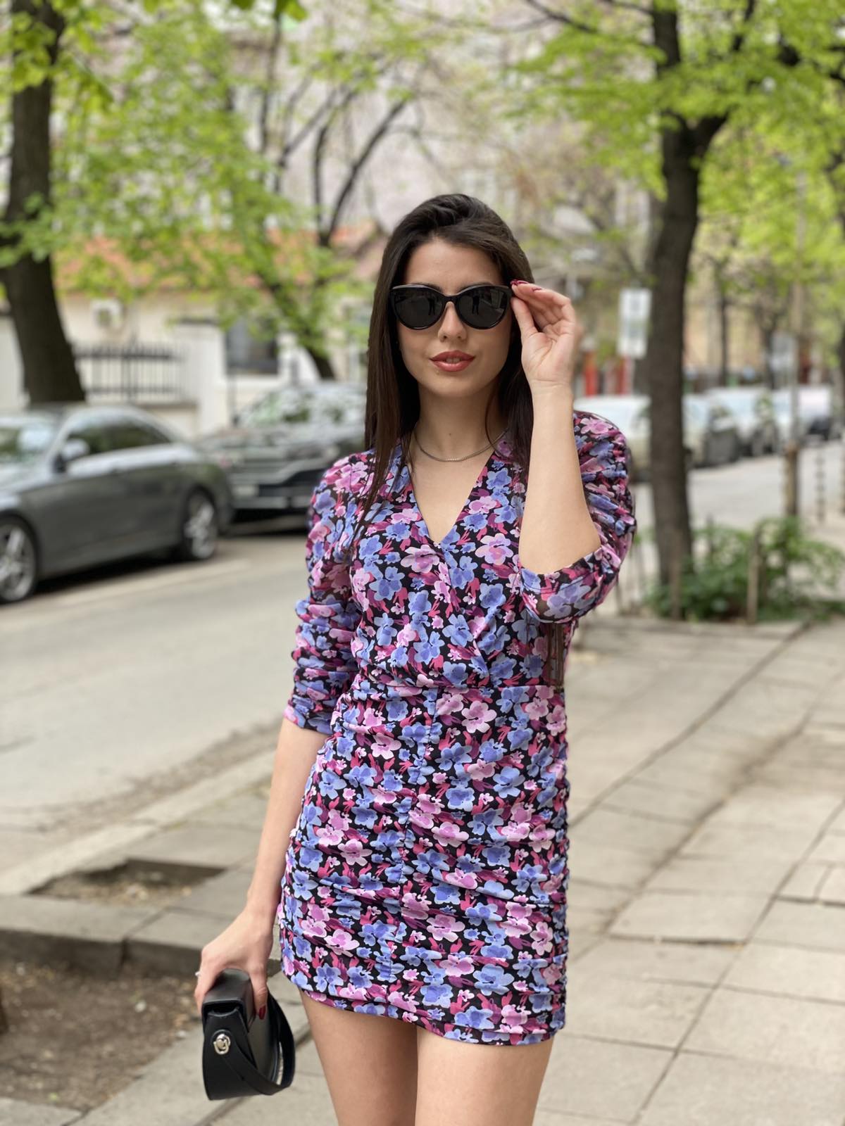 Къса рокля с дълъг ръкав Floral Night